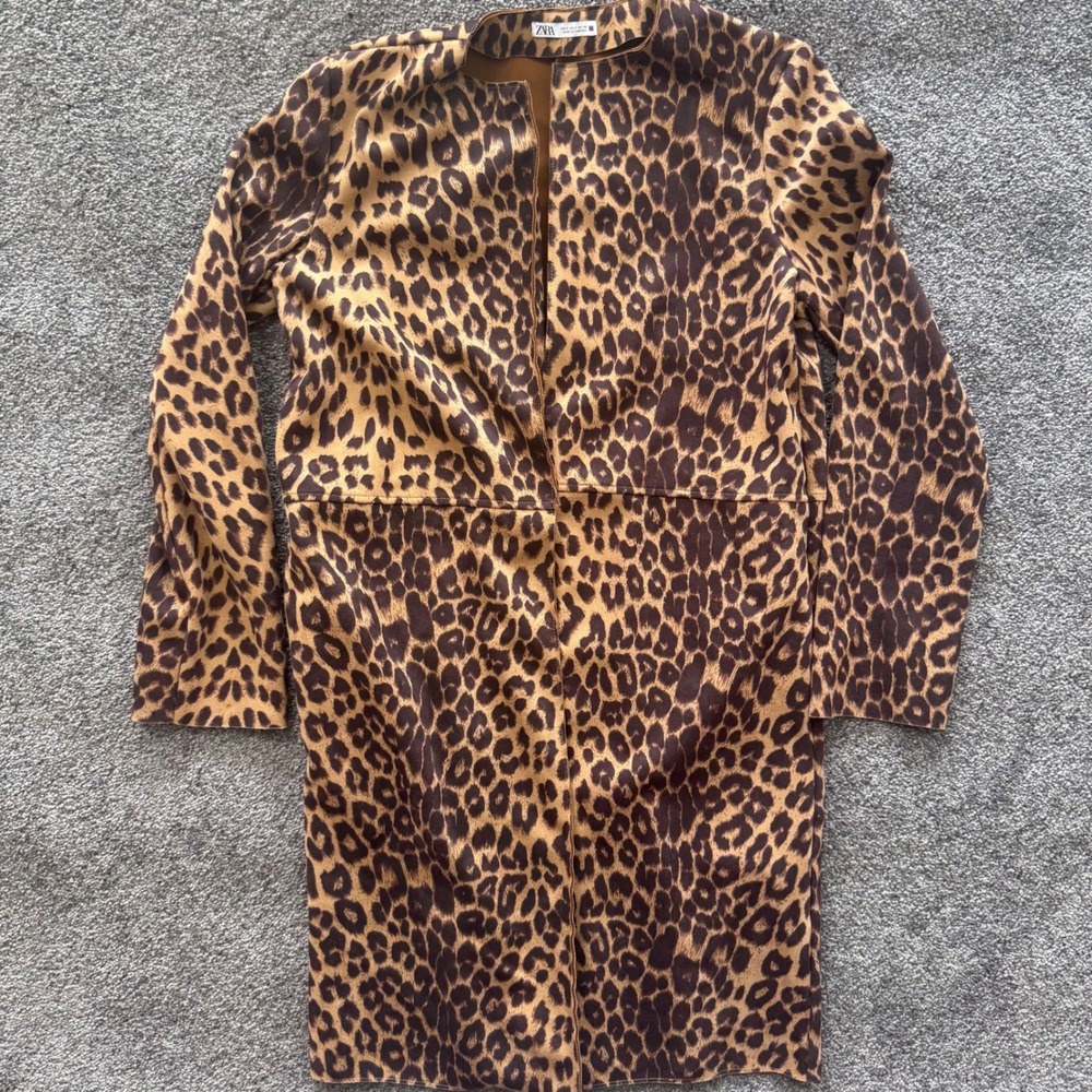 Zara Women Leopard Print Faux Suede Open Front Duster Coat Brown Small 2712/156